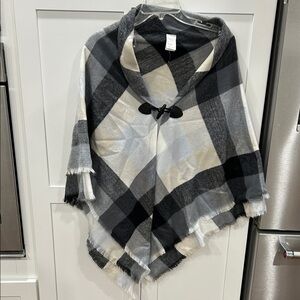 Plaid Black and White Poncho